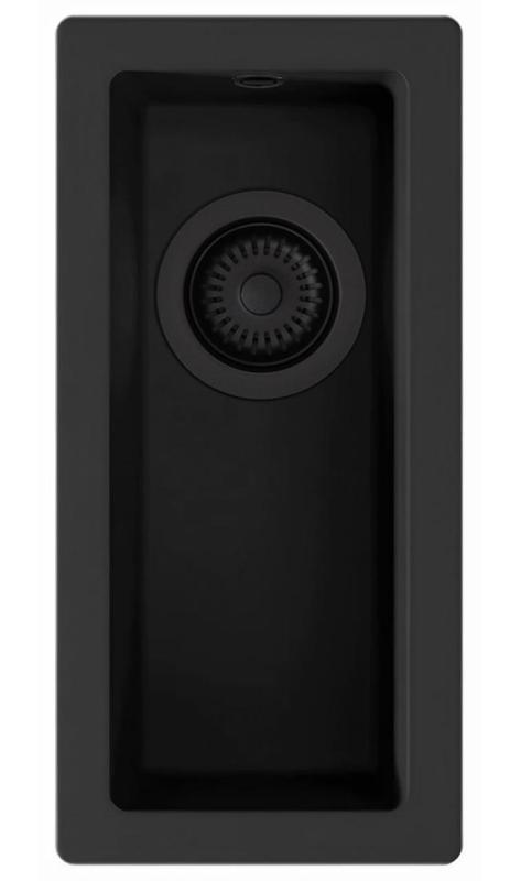 GraniteMy Универсална малка черна мивка от гранит 17x40 cm, монтаж под, над и на нивото на плота, с черна цедка 1208967140
