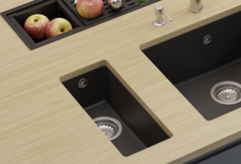 GraniteMy Универсална малка черна мивка от гранит 17x40 cm, монтаж под, над и на нивото на плота, с черна цедка 1208967140