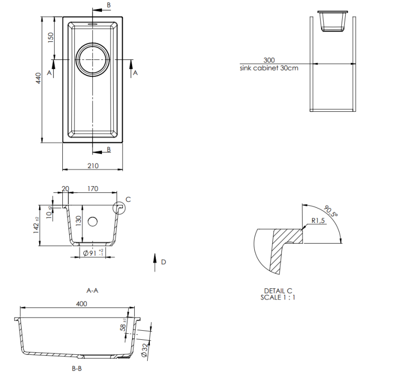 GraniteMy Универсална малка черна мивка от гранит 17x40 cm, монтаж под, над и на нивото на плота, със златиста цедка 1208967142