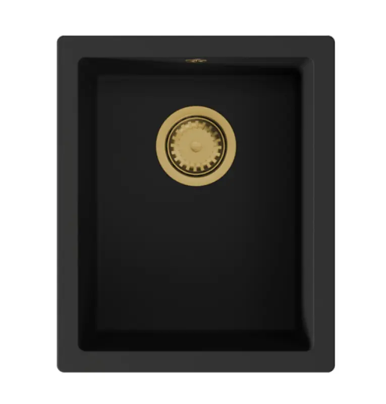 GraniteMy Универсална черна мивка от гранит 34x40 cm,  монтаж под, над и на нивото на плота, със златиста цедка 1208967144