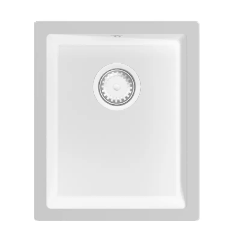 GraniteMy Универсална бяла мивка от гранит 34x40 см, монтаж под, над и на нивото на плота, с бяла цедка 1208967146