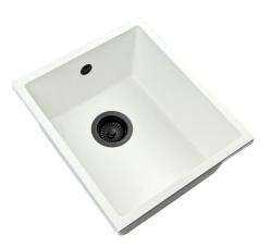 GraniteMy Универсална бяла мивка от гранит 34x40 cm, монтаж под, над и на нивото на плота, с черна цедка 1208967147