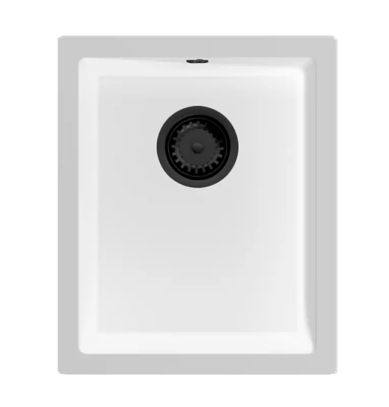 GraniteMy Универсална бяла мивка от гранит 34x40 cm, монтаж под, над и на нивото на плота, с черна цедка 1208967147