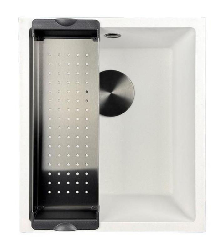 GraniteMy Универсална бяла мивка от гранит 34x40 cm, монтаж под, над и на нивото на плота, с черна цедка 1208967147