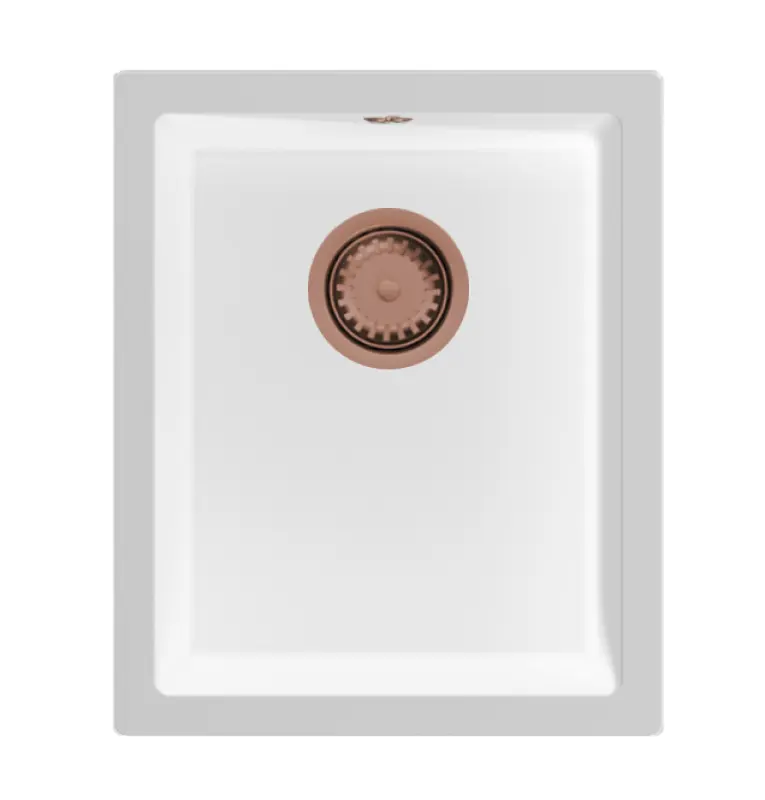 GraniteMy Универсална бяла мивка от гранит 34x40 cm, монтаж под, над и на нивото на плота, с медна цедка 1208967148