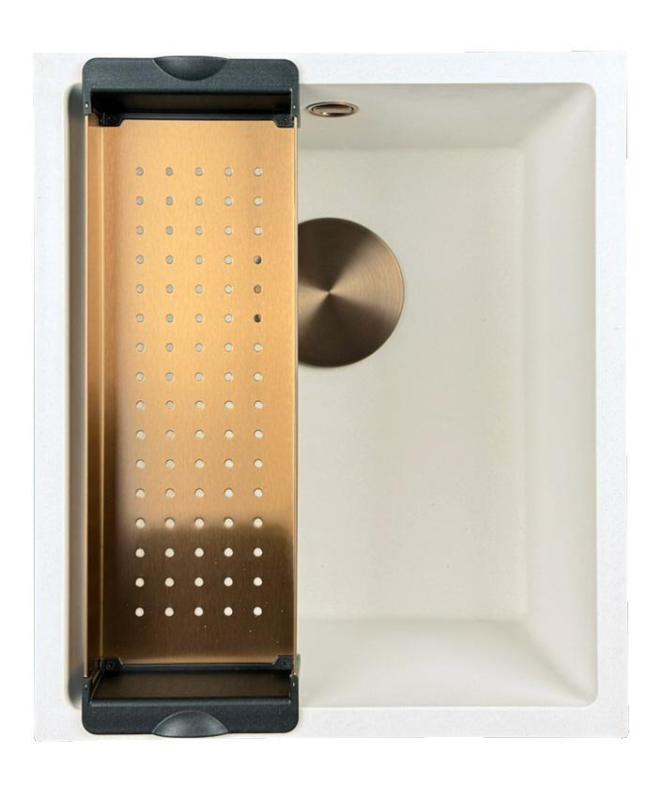 GraniteMy Универсална бяла мивка от гранит 34x40 cm, монтаж под, над и на нивото на плота, с медна цедка 1208967148