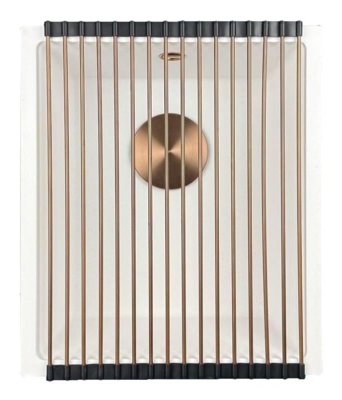 GraniteMy Универсална бяла мивка от гранит 34x40 cm, монтаж под, над и на нивото на плота, с медна цедка 1208967148