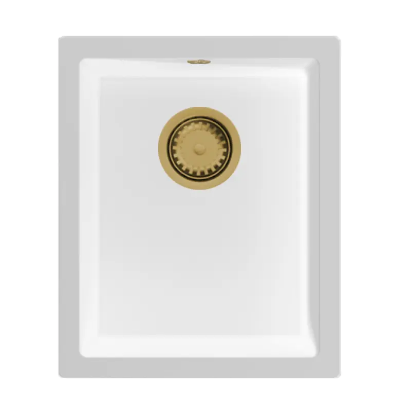 GraniteMy Универсална бяла мивка от гранит 34x40 cm, монтаж под, над и на нивото на плота, със златиста цедка  1208967149