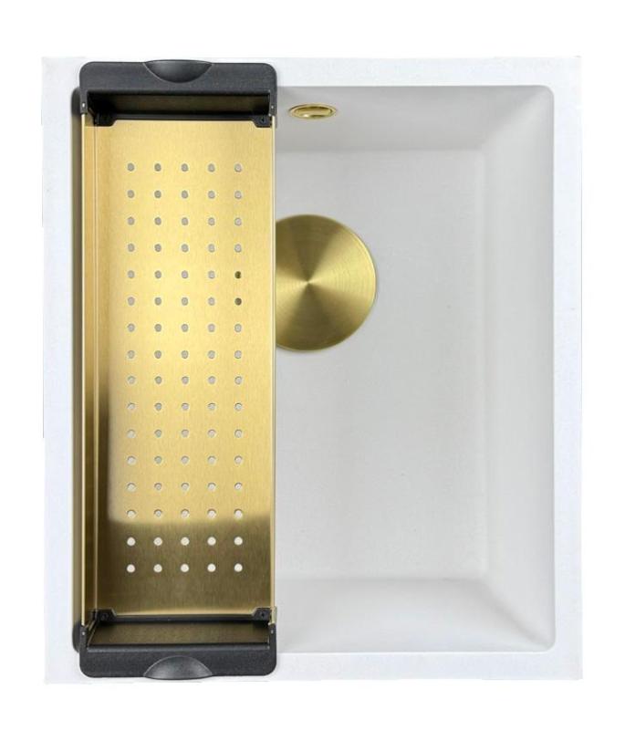 GraniteMy Универсална бяла мивка от гранит 34x40 cm, монтаж под, над и на нивото на плота, със златиста цедка  1208967149