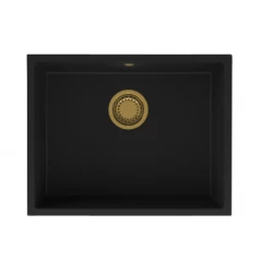 Гранитна универсална черна мивка GraniteMy 55x40 см черна, за монтаж върху плот, под плот и наравно с плота със златна тапа 1208967151