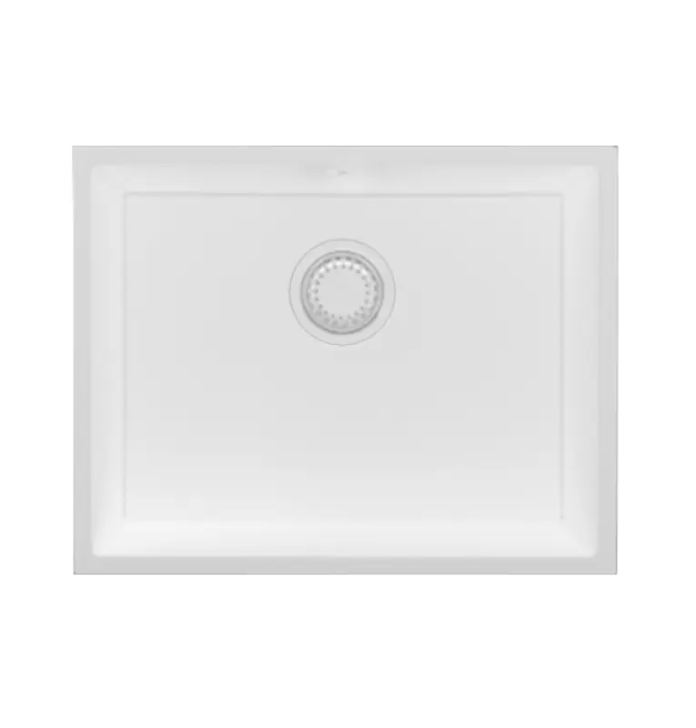 GraniteMy Universele granieten witte spoelbak 55x40 см, бял, подходящ за монтаж върху плот, под плот и наравно с плота, с бял сифон 1208967153