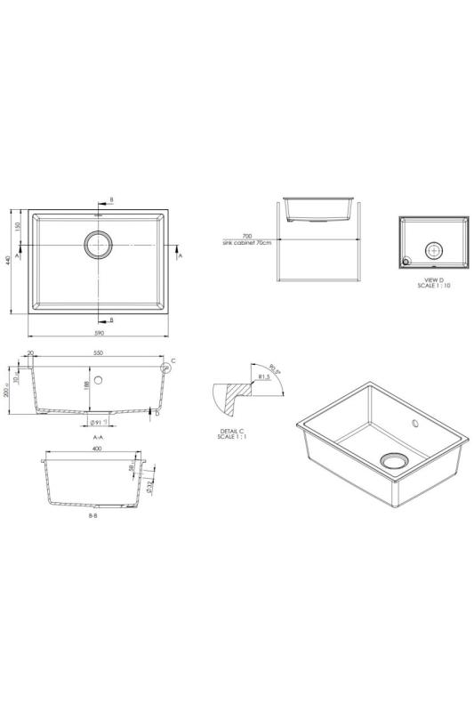 GraniteMy Universal гранитна бяла мивка 55x40 см бяла за вграждане, под вграждане и наравно вграждане с черен тап 1208967154