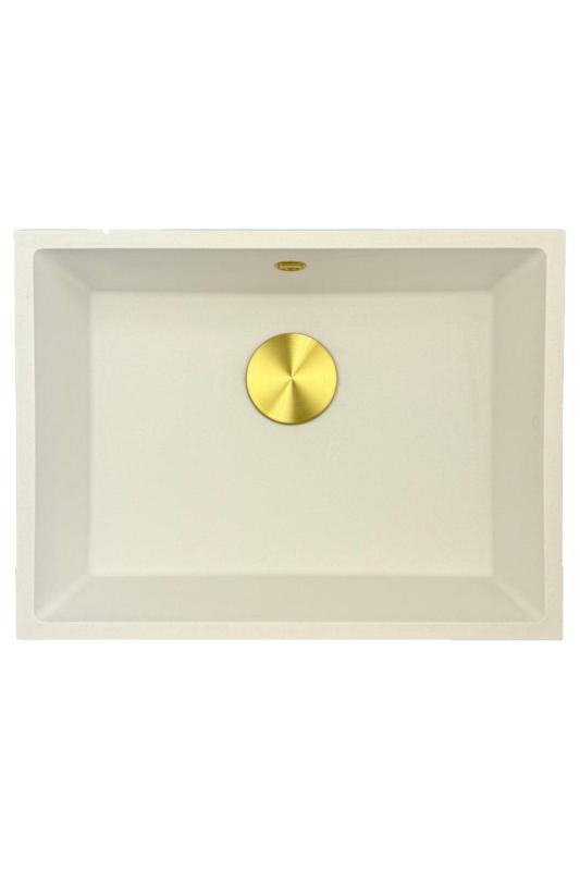 GraniteMy Universal гранитна бяла мивка 55x40 см бяла за вграждане, под вграждане и вграждане наравно със златна тапа 1208967155