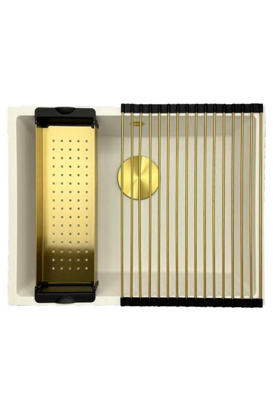 GraniteMy Universal гранитна бяла мивка 55x40 см бяла за вграждане, под вграждане и вграждане наравно със златна тапа 1208967155