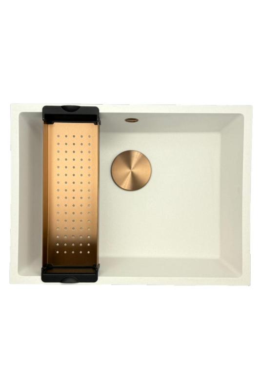 Заглавие: "GraniteMy Universal гранитна бяла мивка 55x40 см, бяла, за вграждане, под монтаж и външен монтаж с меден сифон 1208967156"