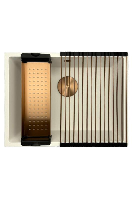 Заглавие: "GraniteMy Universal гранитна бяла мивка 55x40 см, бяла, за вграждане, под монтаж и външен монтаж с меден сифон 1208967156"