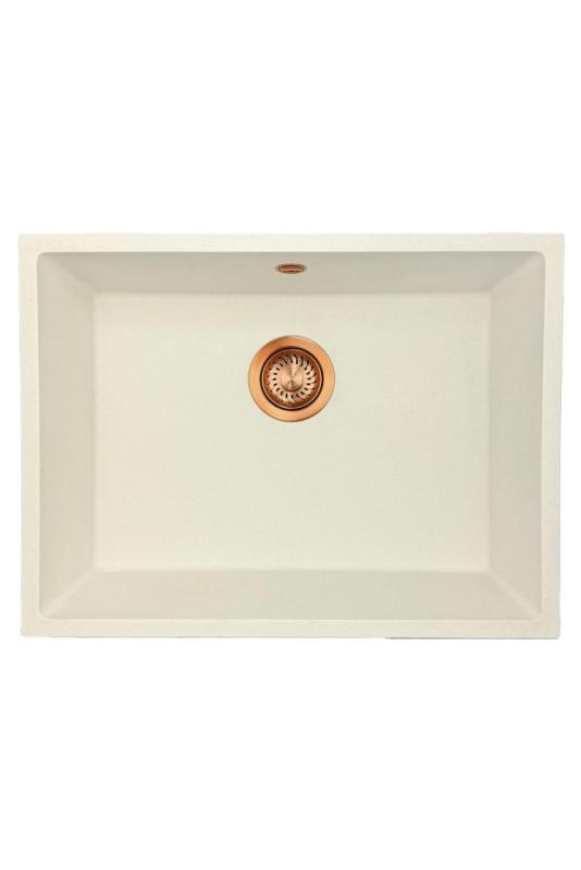 Заглавие: "GraniteMy Universal гранитна бяла мивка 55x40 см, бяла, за вграждане, под монтаж и външен монтаж с меден сифон 1208967156"