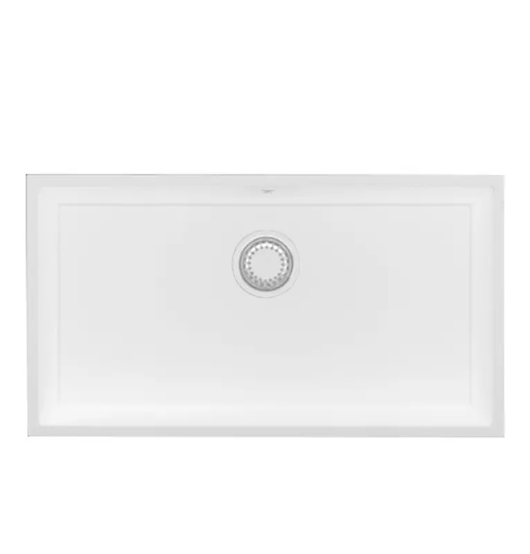 GraniteMy Универсална бяла мивка от гранит 74x40 см, монтаж под, над и на нивото на плота, с бяла цедка 1208967160