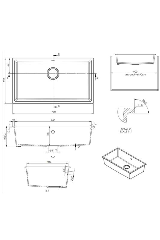 GraniteMy Универсална бяла мивка от гранит 74x40 см, монтаж под, над и на нивото на плота, с бяла цедка 1208967160
