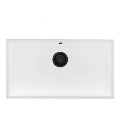 GraniteMy Универсална бяла мивка от гранит 74x40 cm, монтаж под, над и на нивото на плота, с черна цедка 1208967161
