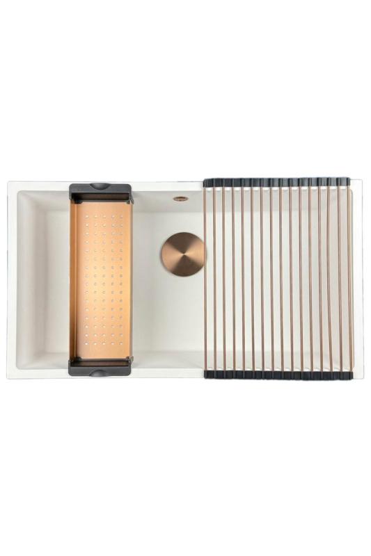 GraniteMy Универсална бяла мивка от гранит 74x40 cm, монтаж под, над и на нивото на плота, с медна цедка 1208967162