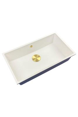 GraniteMy Универсална бяла мивка от гранит 74x40 cm, монтаж под, над и на нивото на плота, със златиста цедка 1208967163