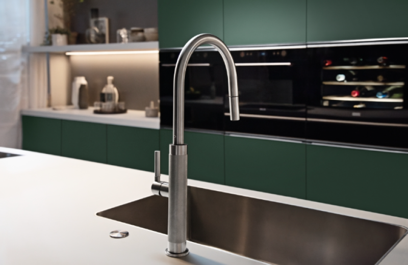 Кухненски смесител Franke Mythos Masterpiece от неръждаема стомана с J-образен чучур и издърпващ се накрайник - 115.0711.554