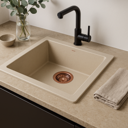 GraniteMy Universal Гранитна мивка в пясъчно бежово 40x40 cm, монтаж под, над и на нивото на плота, с медна цедка 1208967210