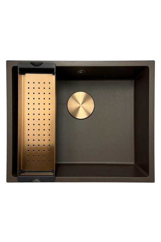 GraniteMy Universal Гранитна мивка в цвят кафе 50x40 cm,  монтаж под, над и на нивото на плота, с медна цедка 1208967229