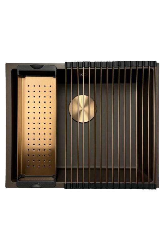 GraniteMy Universal Гранитна мивка в цвят кафе 50x40 cm,  монтаж под, над и на нивото на плота, с медна цедка 1208967229