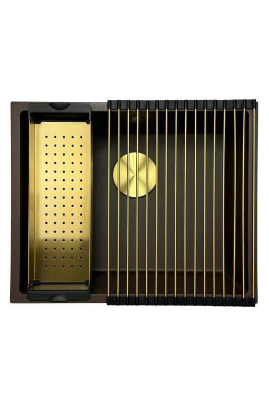 GraniteMy Universal Гранитна мивка в цвят кафе 50x40 cm, монтаж под, над и на нивото на плота, със златиста цедка 1208967230