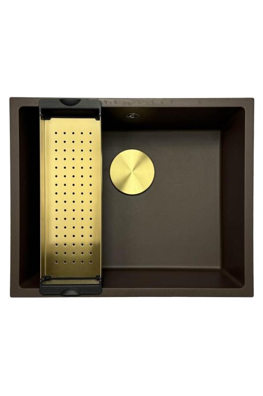 GraniteMy Universal Гранитна мивка в цвят кафе 50x40 cm, монтаж под, над и на нивото на плота, със златиста цедка 1208967230