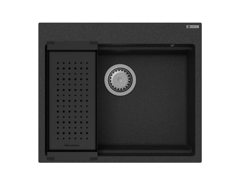 Гранитна мивка GraniteMy Steam 56x48 см черна, за монтаж на плот, с неръждаема тапа, включително аксесоари 1208967231