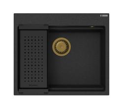 Гранитната ми мивка от гранит GraniteMy, размери 56x48 см, черна, за монтаж върху плот, със златна тапа, включително аксесоари 1208967235