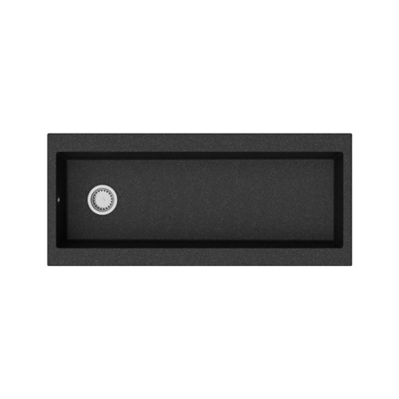 GraniteMy Trog гранитна мивка, много голяма, черна, размери 116x50 см, черна, за монтаж върху плот, с отвор за смесител и неръждаем клапан, 1208967236