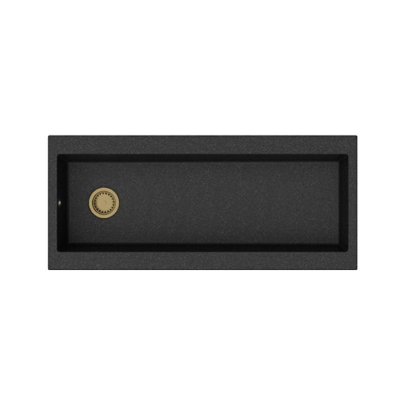 ГранитМай Трог гранитна много голяма черна мивка 116x50 см черна надстройка с отвор за батерия със златен тапа 1208967239