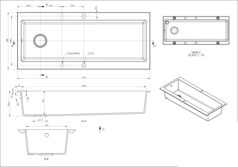 ГранитМай Трог гранитна много голяма черна мивка 116x50 см черна надстройка с отвор за батерия със златен тапа 1208967239