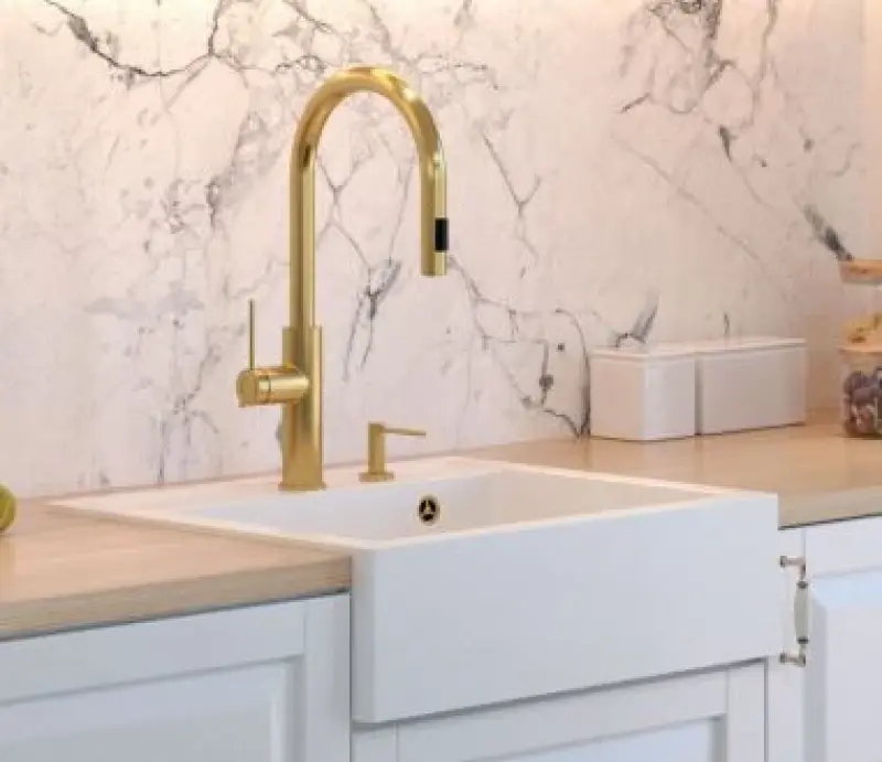 Куадри Фармхаус селска вградена или надплотова гранитна мивка матово бяла с меден клапан 595x540мм 1208967265