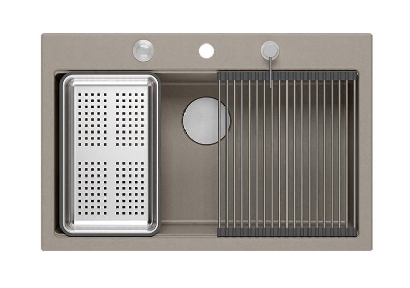 Квадри Hard Rock таупе гранитна мивка за монтаж с размери 76x50 см, включително неръждаема тапа и аксесоари 1208967270