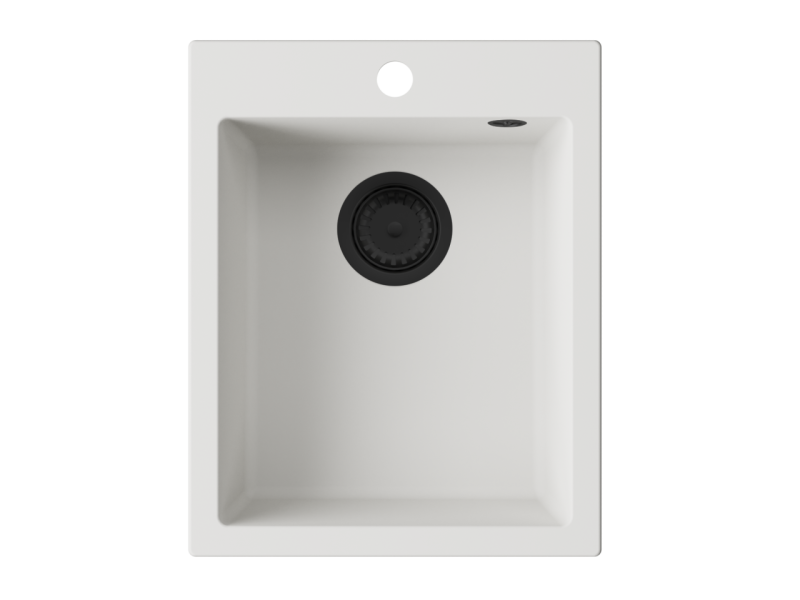 GraniteMy Bremen гранитна бяла мивка 40x50 см бяла за монтаж отгоре, отдолу и наравно с плот, с място за смесител и черна тапа 1208967285