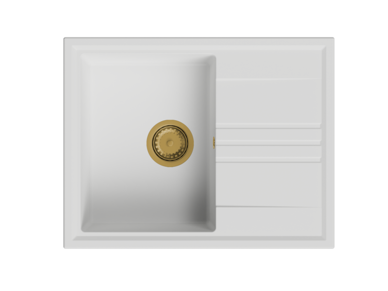 GraniteMy Веси гранитна горна бяла мивка 64x50см с отцеждаща обратима златна (четкан месинг) тапа 1208967300