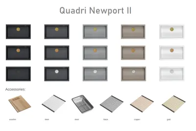 Quadri Newport II голяма и дълбока мивка гранит надплотно и подплотно сива мивка 76x45см със златен сифон 1208967315