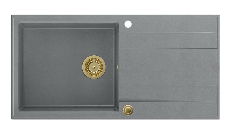 Quadri Luton сива гранитна мивка с плот за отцеждане, обратима, 100x50см, със златна тапа 1208967325