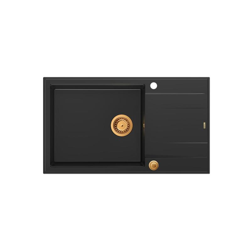 Quadri Luton черна гранитна голяма мивка с отцедник, обратима, 86x50см с медна тапа 1208967326