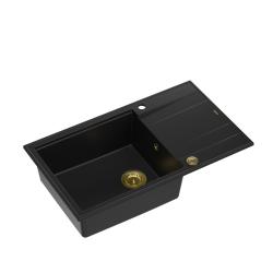 Quadri Luton черна гранитна голяма мивка с отцедник, обратима, 86x50см с златна тапа 1208967327