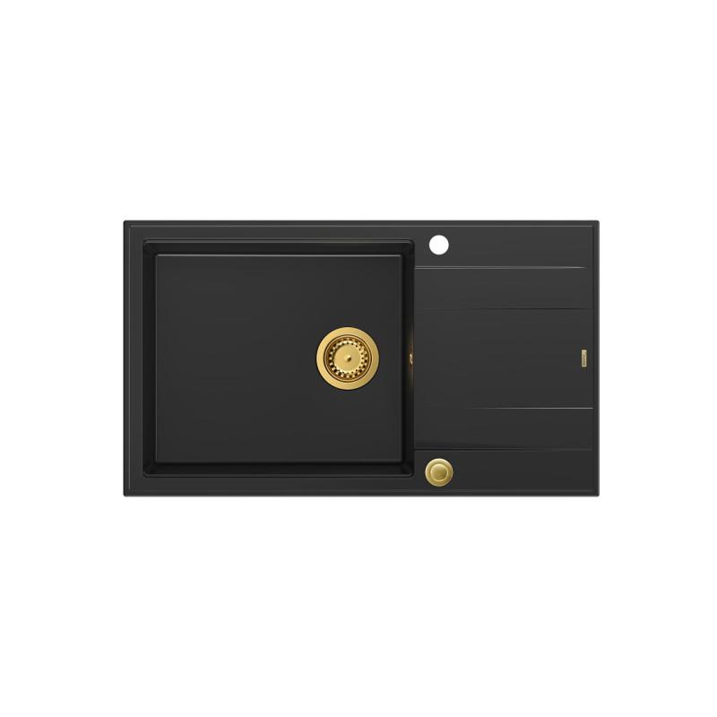 Quadri Luton черна гранитна голяма мивка с отцедник, обратима, 86x50см с златна тапа 1208967327