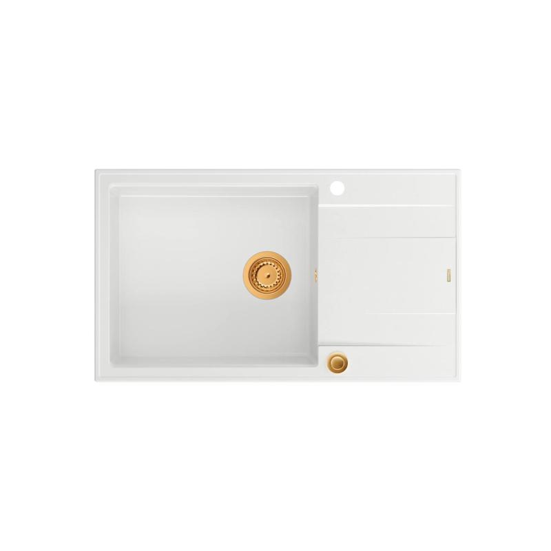 Квадри Лутън бяла гранитна голяма мивка за плот с отцедник, обръщаема, 86x50 см, с меден тап 1208967328