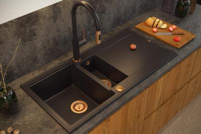 Quadri Luton черна гранитна мивка за вграждане 1,5 корита с отцедник, обръщаема, 100x50 см, с меден сифон 1208967347