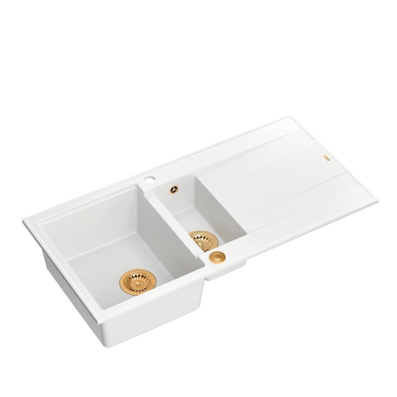 Куадри Лутон бяла гранитна мивка за вграждане с 1,5 корита и отцедник, обръщаема, 100x50см, с медна тапа 1208967349