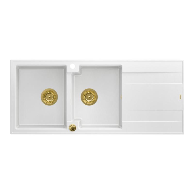Куадри Лутон двоен гранитен мивка бял с отцедник 116x50 см с златен клапан 1208967358